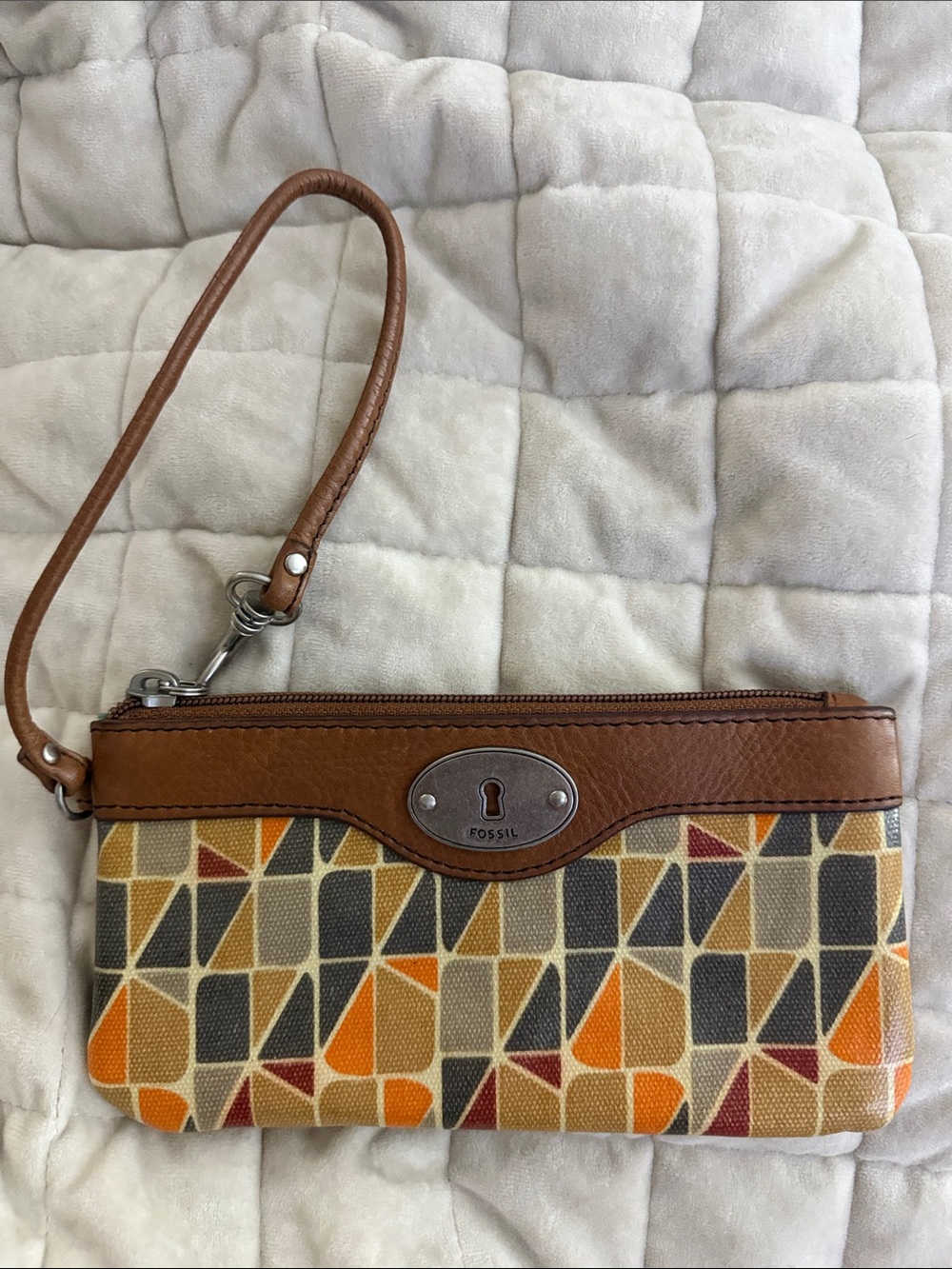Fossil Brown Leather-Trim Multicolor Geometric Wristlet